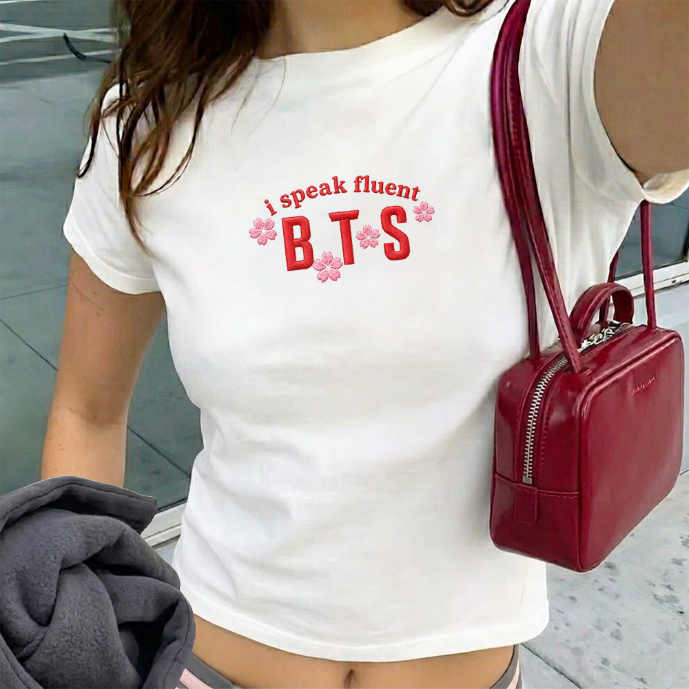 Embroidered I Speak BTS Croptop Baby Tee, Bangtan Boys Army Gift Shirt